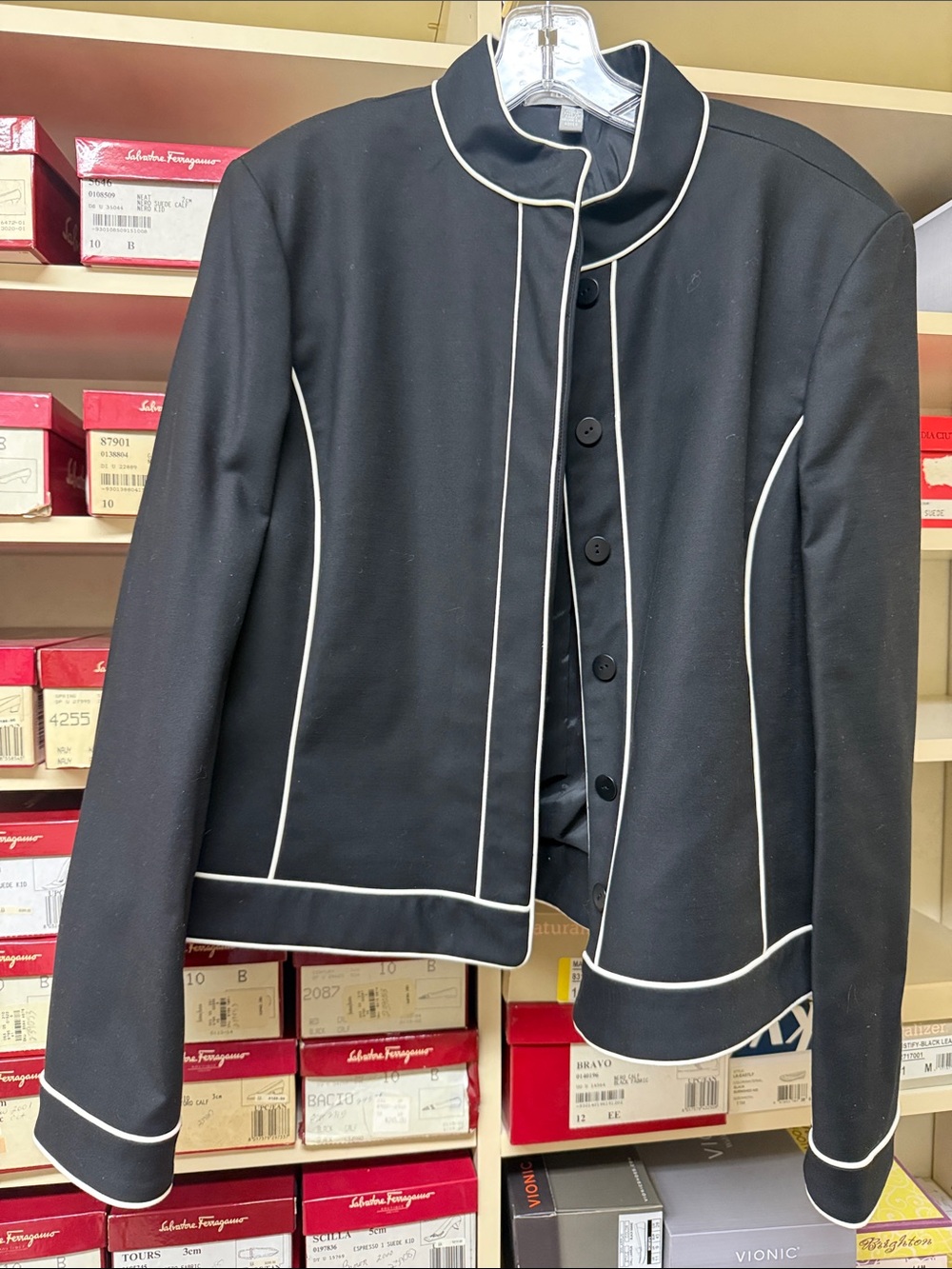 Ellen Tracy Black Jacket with White Piped Trim